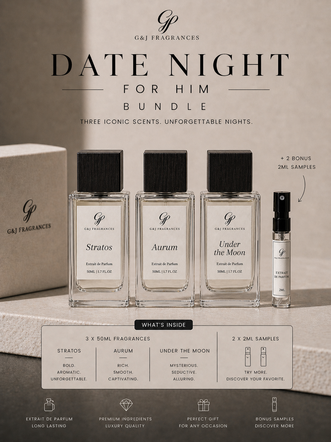 Date Night Bundle for Him – 3 Full Size Fragrances + 2 Bonus Samples