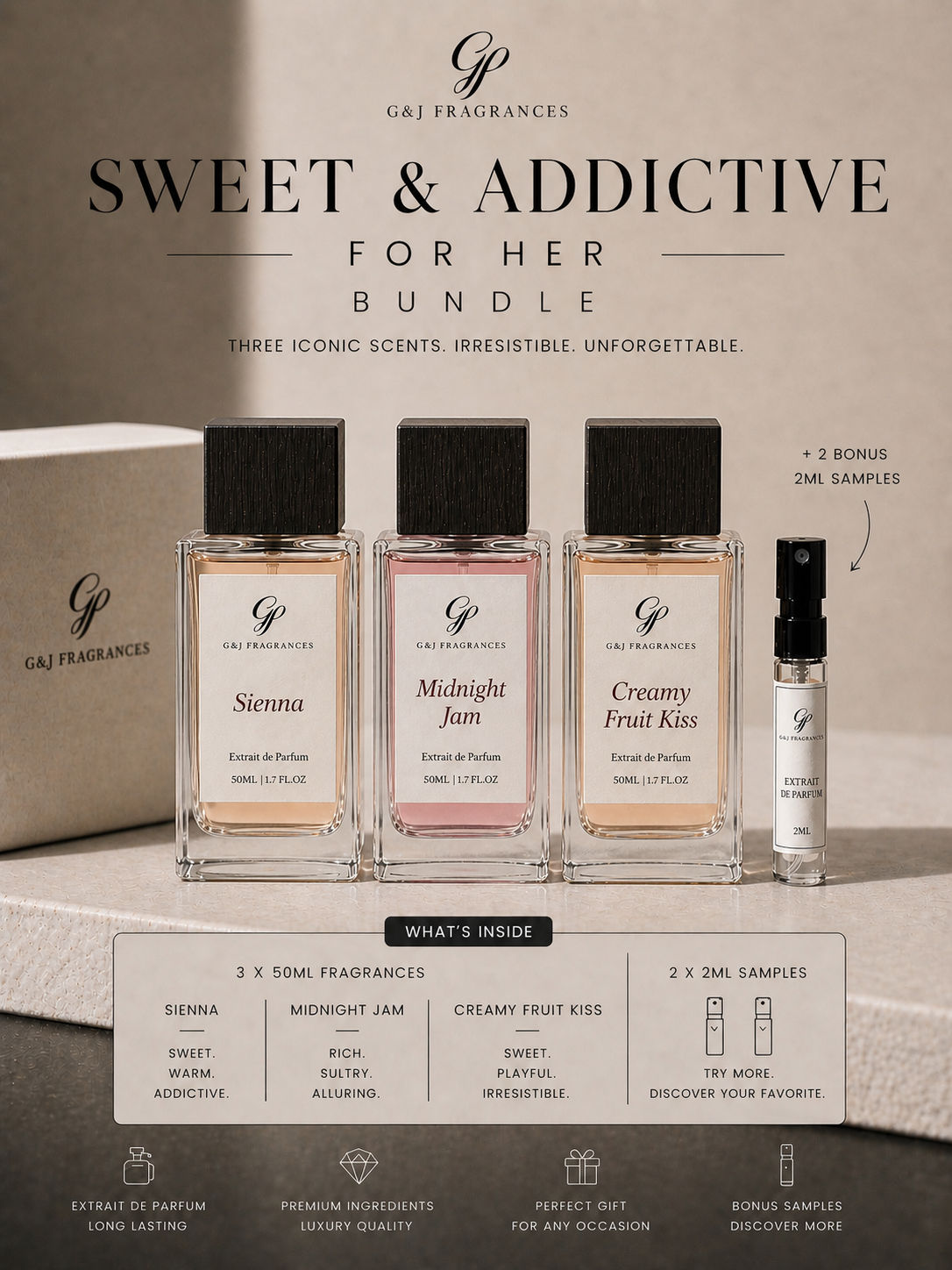 Sweet & Addictive Bundle for Her – 3 Full Size Fragrances + 2 Bonus Samples