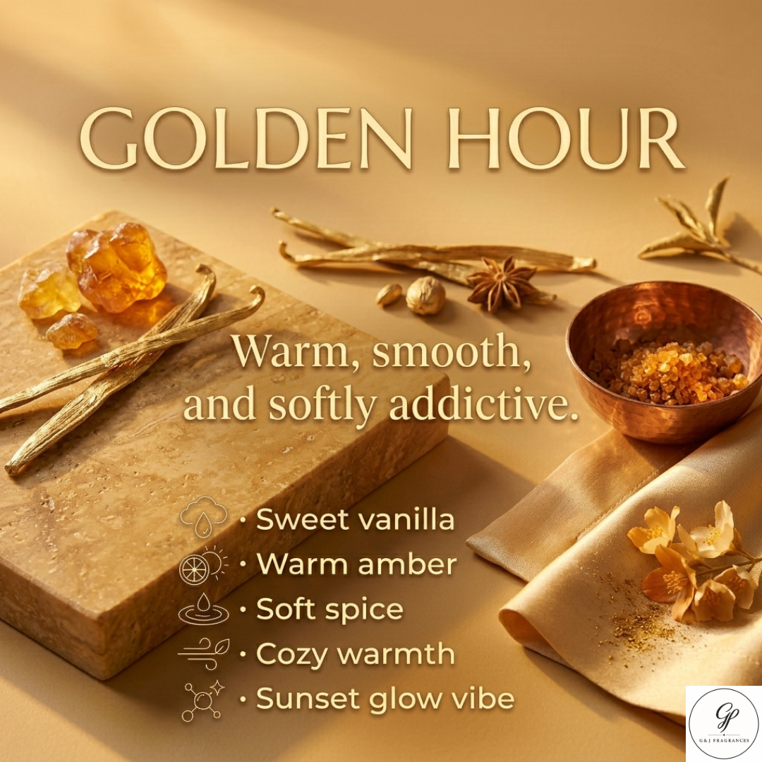 Golden Hour Spicy- Mens Vanilla Chestnut & Amber 50mL Extrait de Parfum Rich Warm Fragrance for Evenings G&J Fragrances