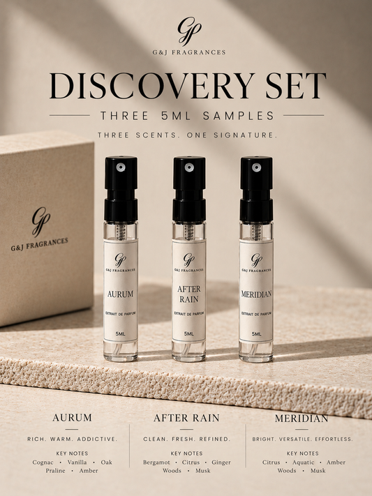 G&J Fragrances Discovery Set with three 5 mL samples of Aurum, After Rain, and Meridian